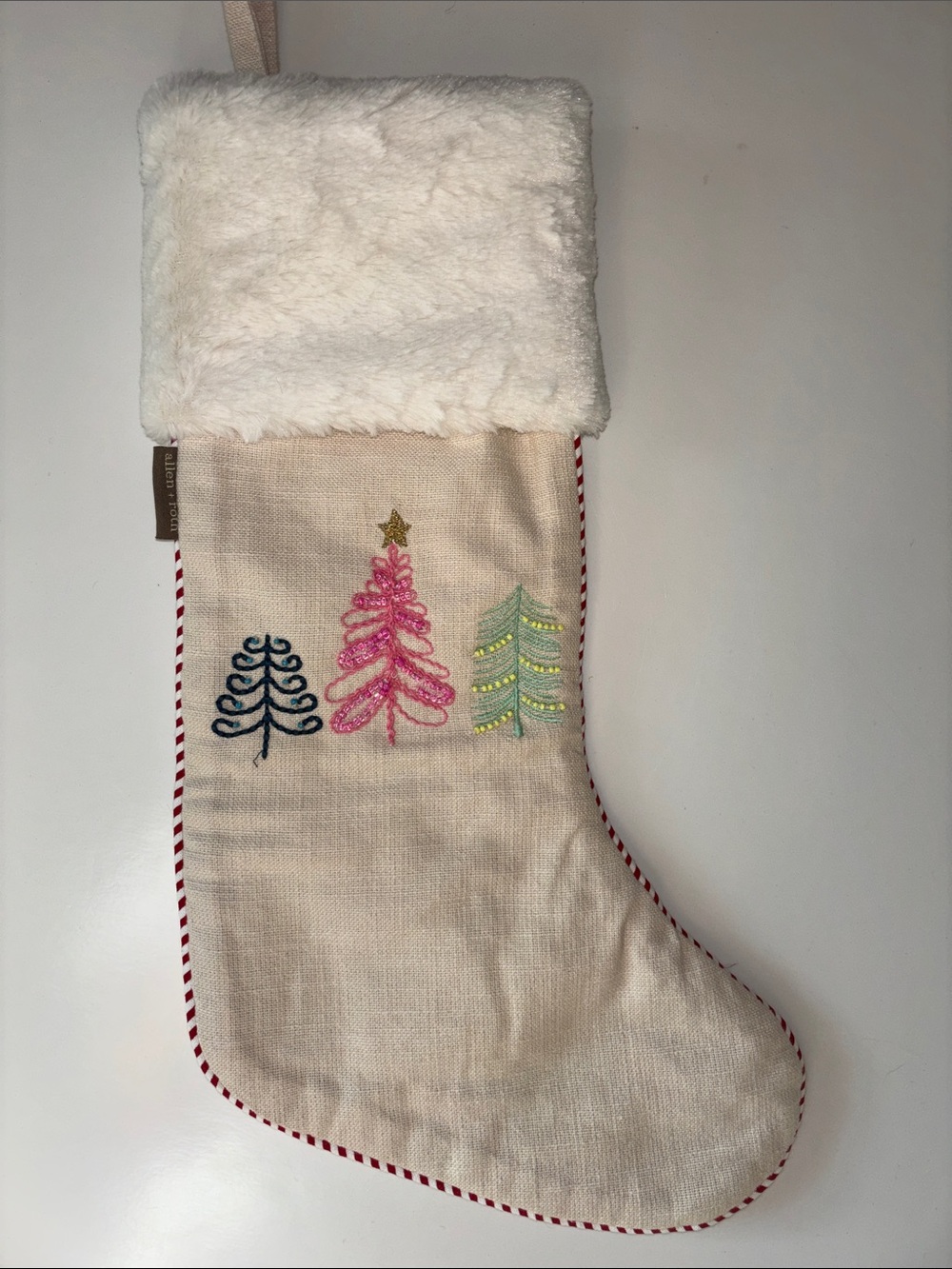 Allen & Roth Holiday Faux Fur Cuff Stocking with Pink Tree Embroidery